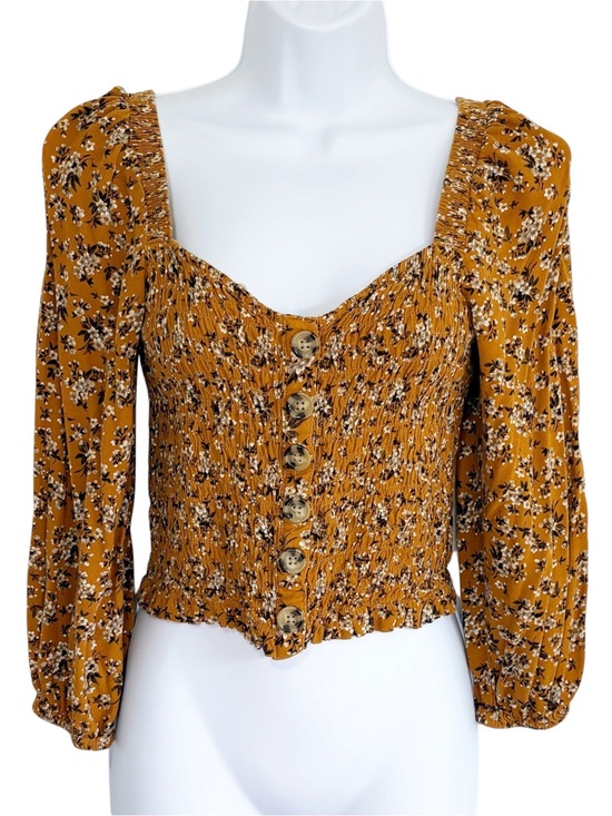 American Eagle Outfitters Tops - AMERICAN EAGLE Mustard Floral Smocked Button Front Cropped Blouse Medium